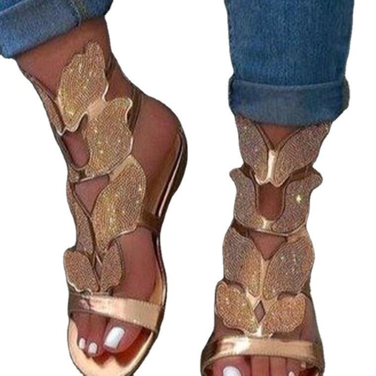 Large size rhinestone sandals women's 2025 new summer one-word flat-bottomed butterfly rhinestone sandals wish2025