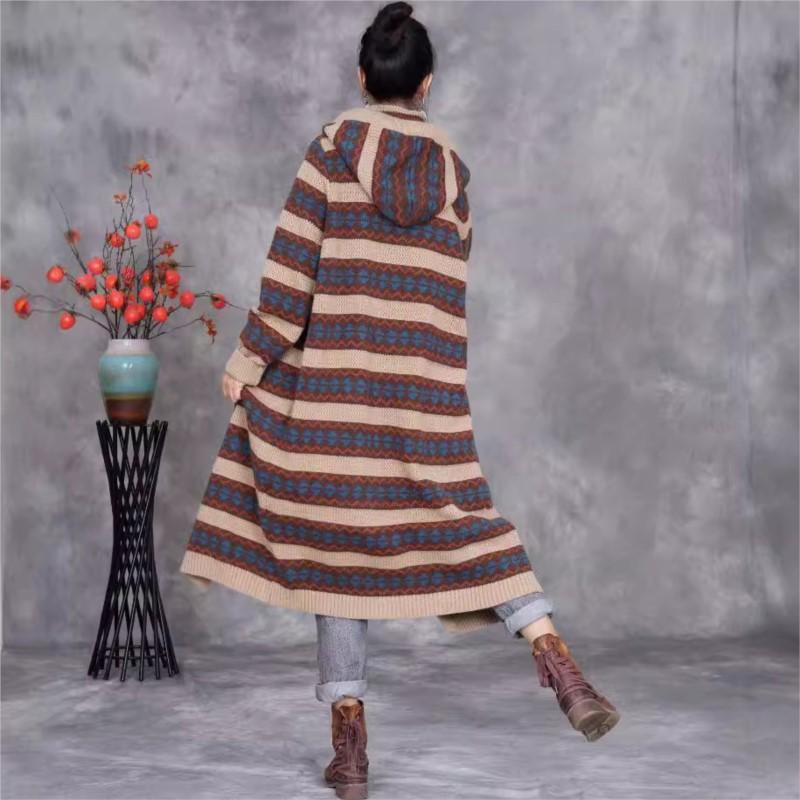 Johnature Vintage Style Contrast Stripe Hooded Casual Knit Coat Woman Autumn Fashion Long Sleeves Chinese Style Coat