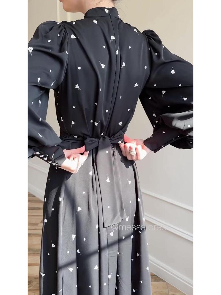 2025 Spring Loose Tie Floral Satin Long Sleeve Dress