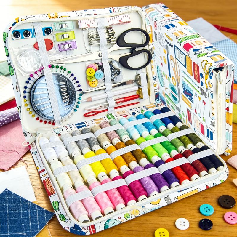 Kit da cucito rettangolare marrone da 170 pezzi, set da cucito per la casa con motivo stampato, set da cucito portatile da viaggio, attrezzi manuali fai-da-te
