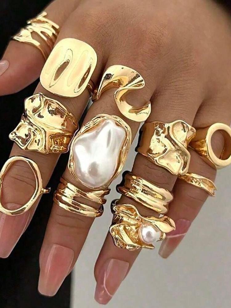 iF ME 12Pcs Gold Color Lava Texture Ring Set For Women Chunky Statement Irregular Heart Teardrop Stackable Rings Minimalist Jewelry