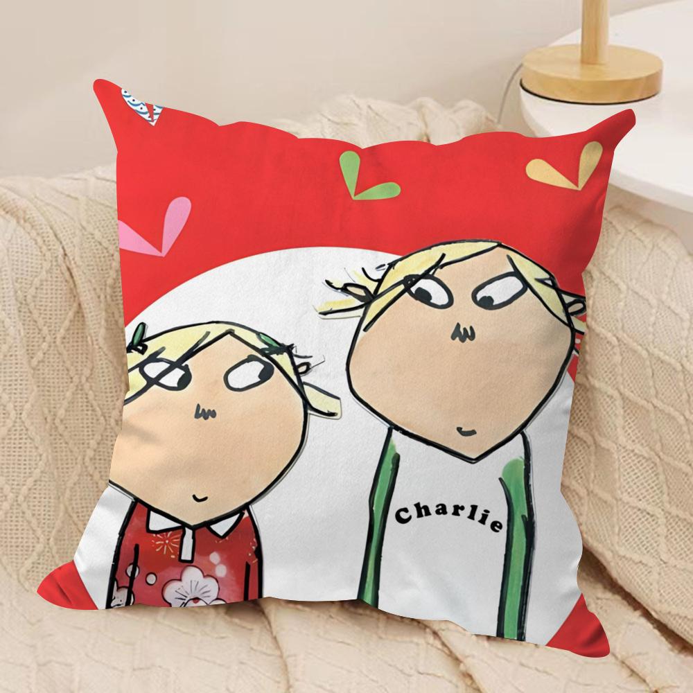 Charlie and Lola Anime Cushion Cover Soft Plush Fabric Double-Sided Printed Sofa Cushion Cover for All Seasons Home Decor Gift