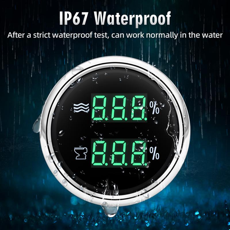 2 IN 1 Water Level Gauge+Sewage Level Gauge With Green Light Digital 52mm Dual Gauge 0-190ohm Sensor For Car Boat Yacht 12V/24V