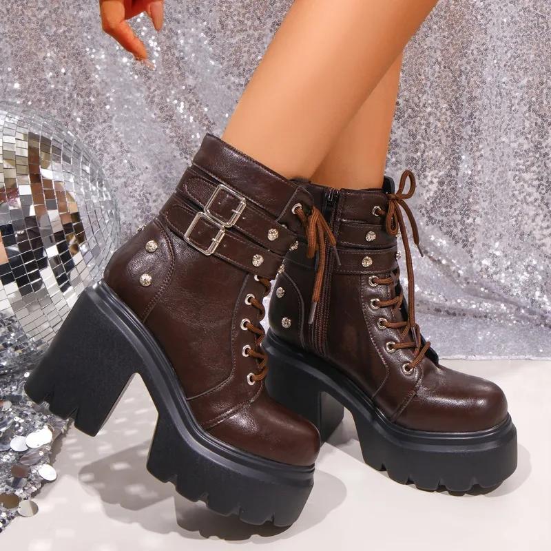 Dámské kozačky Módní kožené vysoké kozačky Klasické kulaté špičky Silná podrážka Vysoké podpatky Nepromokavé platformové kozačky Bottines Femmes
