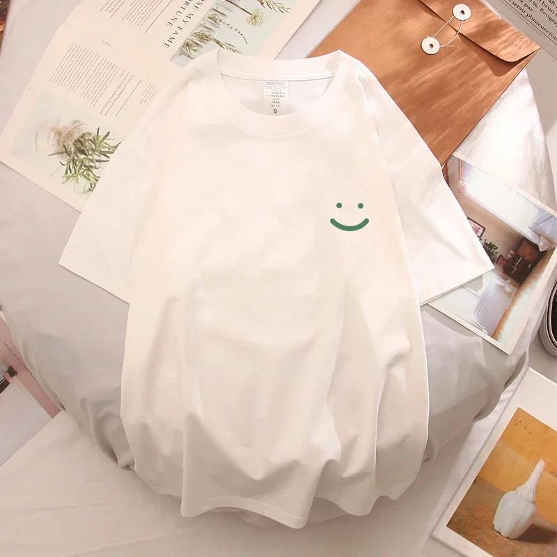 Smiling Face T-shirt for Men Summer Prints White Trendy Brand Loose Printed Cotton Short Sleeved Couple Outfit with Half Sleeves