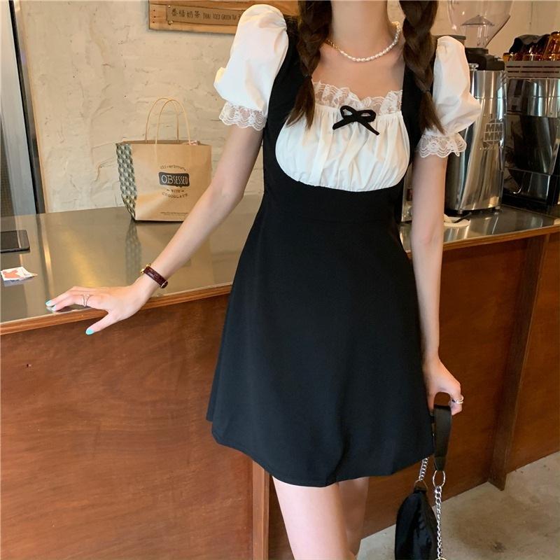 Super fake two-piece dress sweet and cute bubble sleeve first love dress splicing small black dress waist and thin