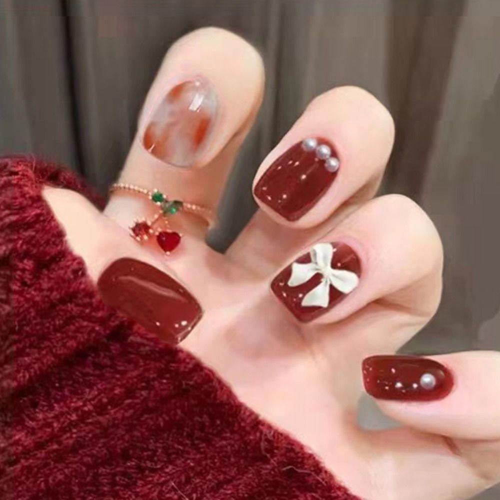 

24 шт. Кончики для ногтей Winter Autum Brown Поддельные Nials Квадратные короткие накладные ногти Французские