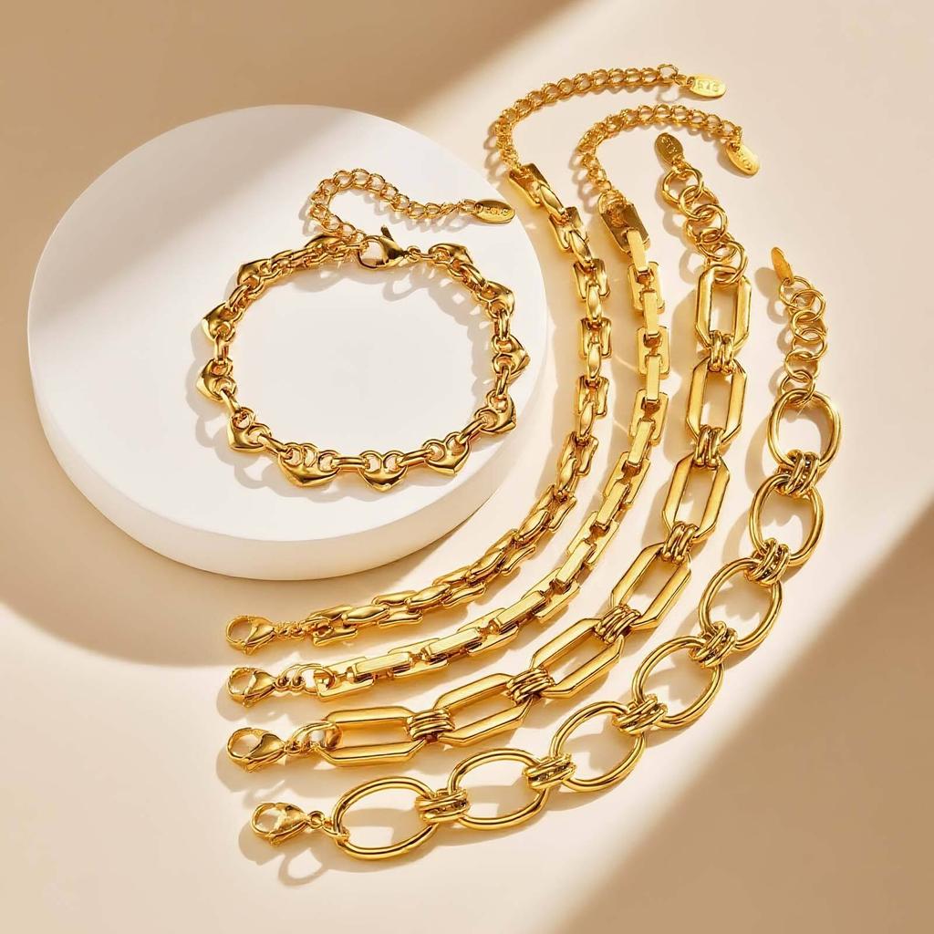 Vnox Stainless Steel 18K Gold Plated Link Geometric Cable Chains, Stacked Bracelet For Women, Waterproof Jewelry Gifts