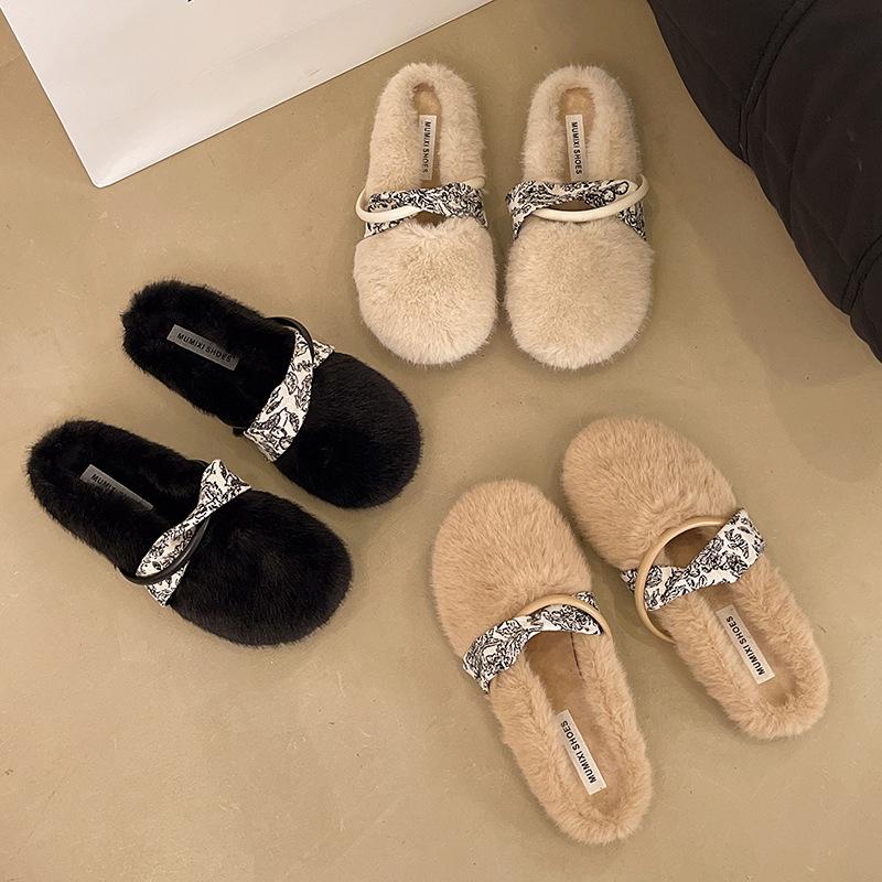 Mink Hair Flat-bottomed Plush Shoes for Women's Outer Wear 2025 Autumn and Winter New Warm One-pedal Maternity Cotton Slippers