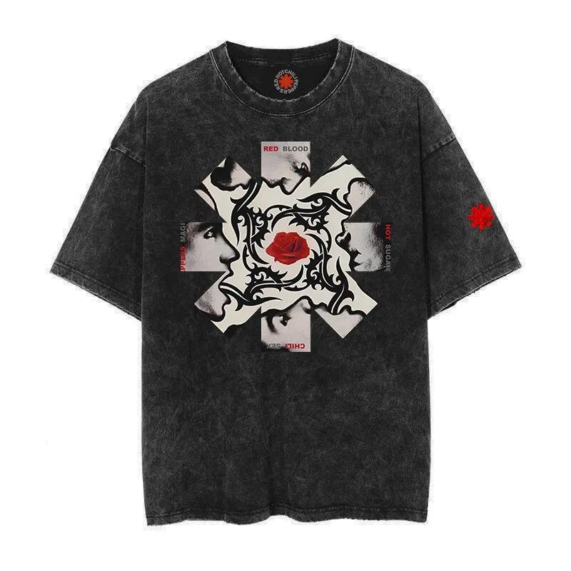Modny Płukany Vintage Bawełniany T-shirt RED HOT CHILI PEPPERS Koszulka Męska Damska T Shirt Oversize Streetwear Krótki Rękaw