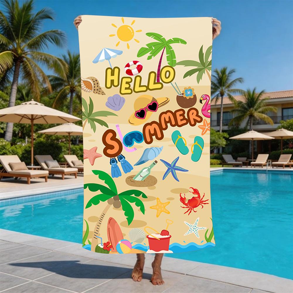 Hallo Sommer Cartoon Strand Element Druck Strandtuch Sandfest Pooltuch Sommer Schwimmen Outdoor Picknick Fitnessstudio Camping Reise Nutzung