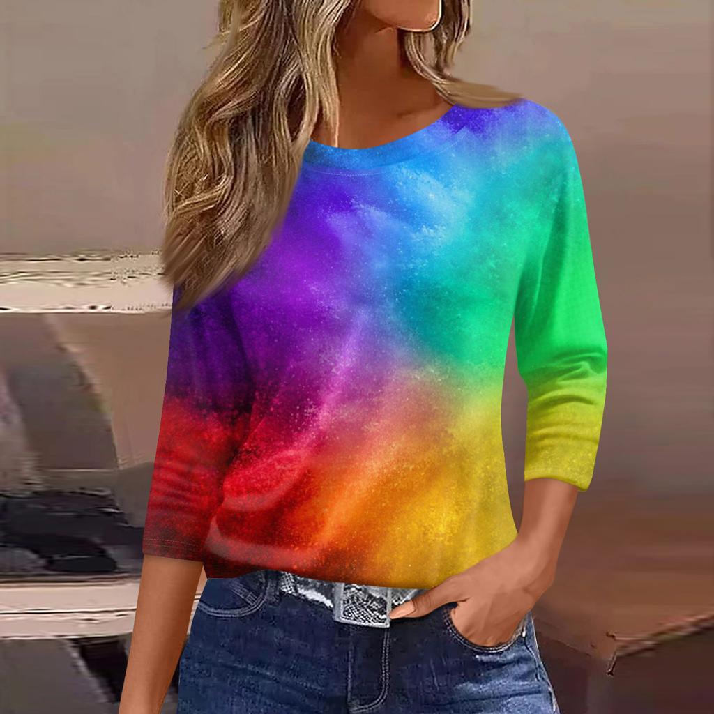 Moda damă ocazional decolteu rotund mâneci 3/4 tricou imprimat largi Top dama