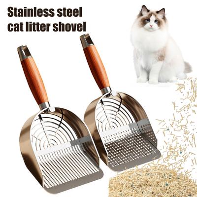 Katzenstreuschaufel aus Metall mit Halter, Haustierkotschaufel mit ergonomischem Holzgriff, schnelle Siebschaufel, Katzenbedarf