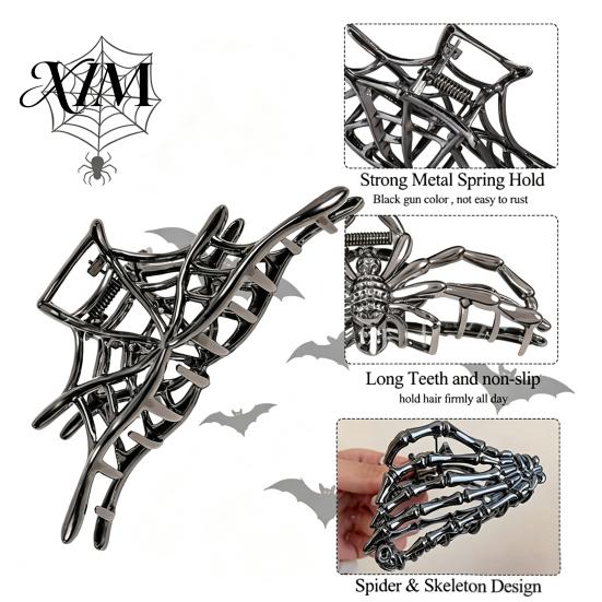 Skeleton Hand Hair Clip 3Pcs Halloween Claw Clip, Hollow Spider Web Ghost Alloy Clamp Non Slip Clamp, Gothic Accessories for Women Large Clips