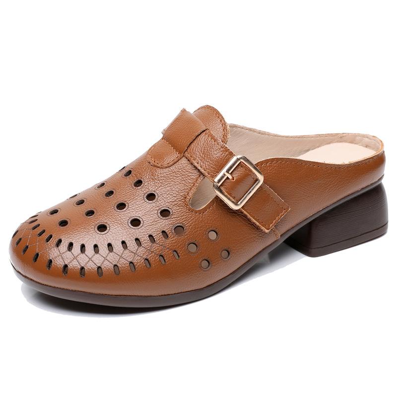 New Summer Genuine Leather Sandals Round Toe Hollow Women's Slippers Outerwear Cool Breathable Fashion Slippers