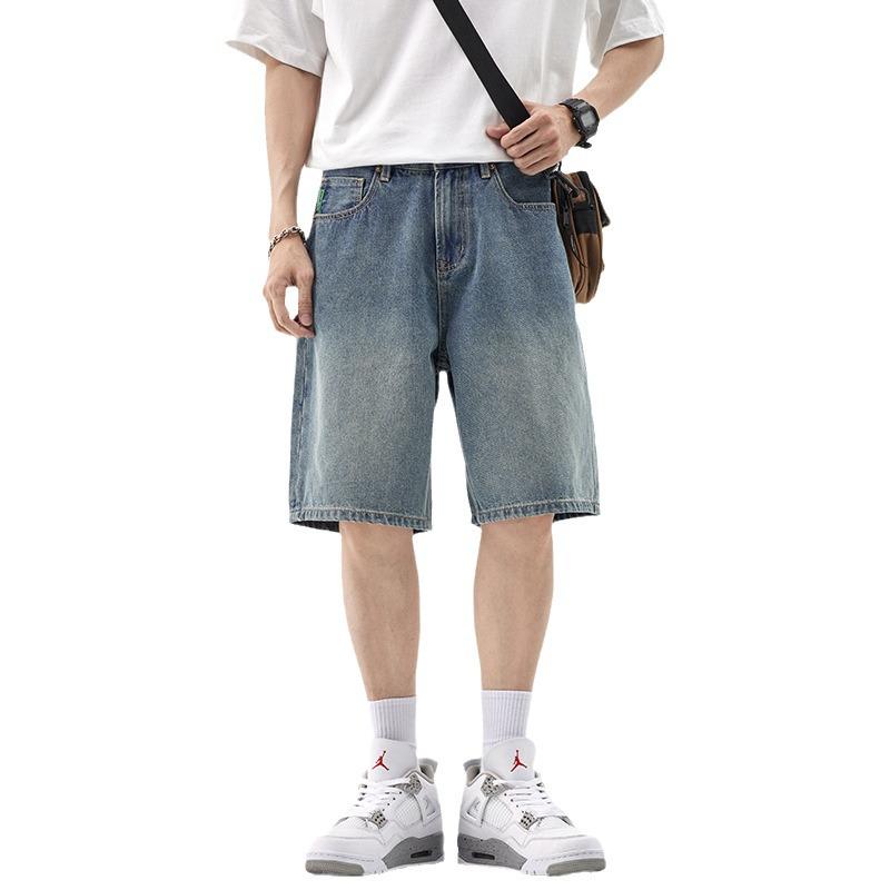 Mu Qiu Men's Denim Shorts | Trendy Plus Size Retro-Wash Straight Shorts