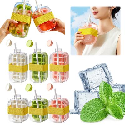 500/800ml 2v1 Sada lahví na vodu s kostkami ledu Přenosná rychlovarná konvice na výrobu ledu na jedno kliknutí se slámkou Pohár na výrobu ledu Venkovní fitness nápoj