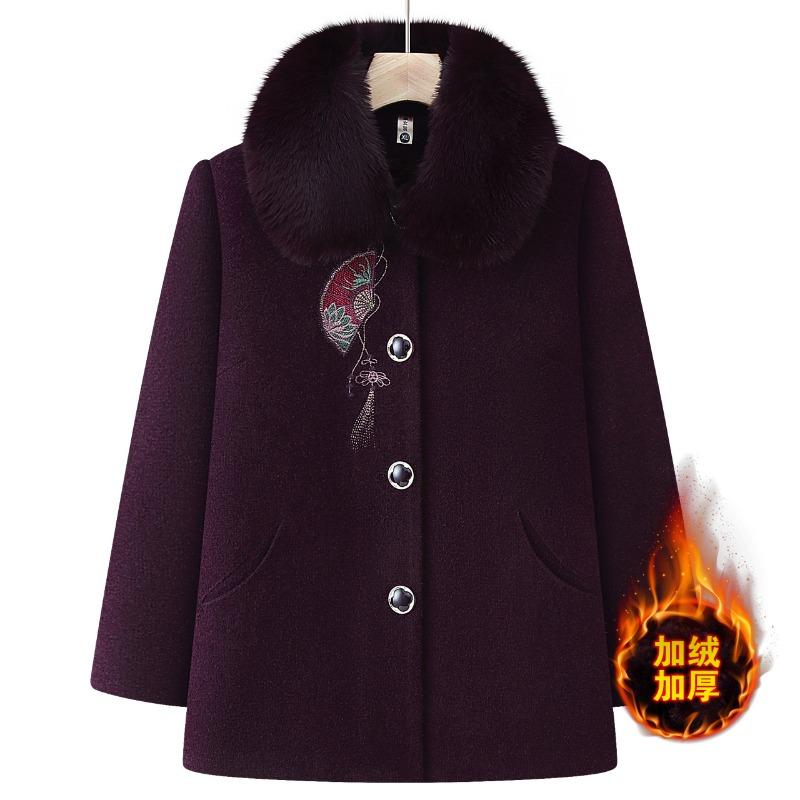 

Ретро куртка зимняя бархатная утолщенная теплая кофта ветрозащитная вышивка цветок меховой воротник зимняя одежда для бабушки 5XL [recommended 150-80kg] фиолетовый