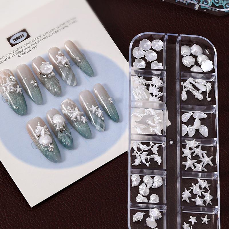 12 Grids/Box Aurora 3D Nail Charms - Shell Starfish Mermaid Tail Oceanic Accessories, Dreamy Manicure DIY Salon Decorations