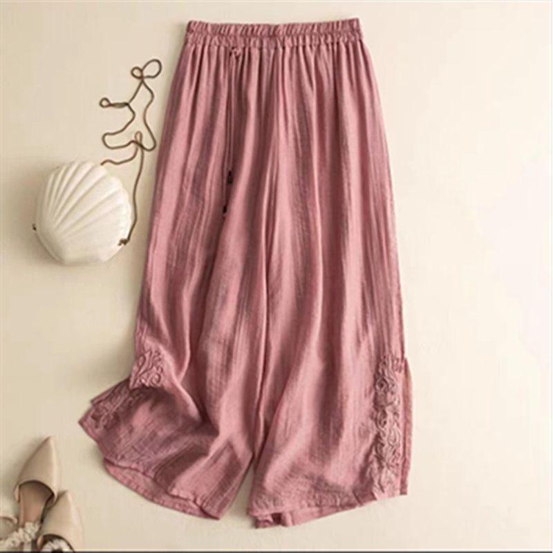 Leak-Picking ~ Counter Tail Linen Cropped Casual Pants Women's Artistic Embroidered High Waist Lightweight Summer Cotton and Linen Wide-Leg Pants