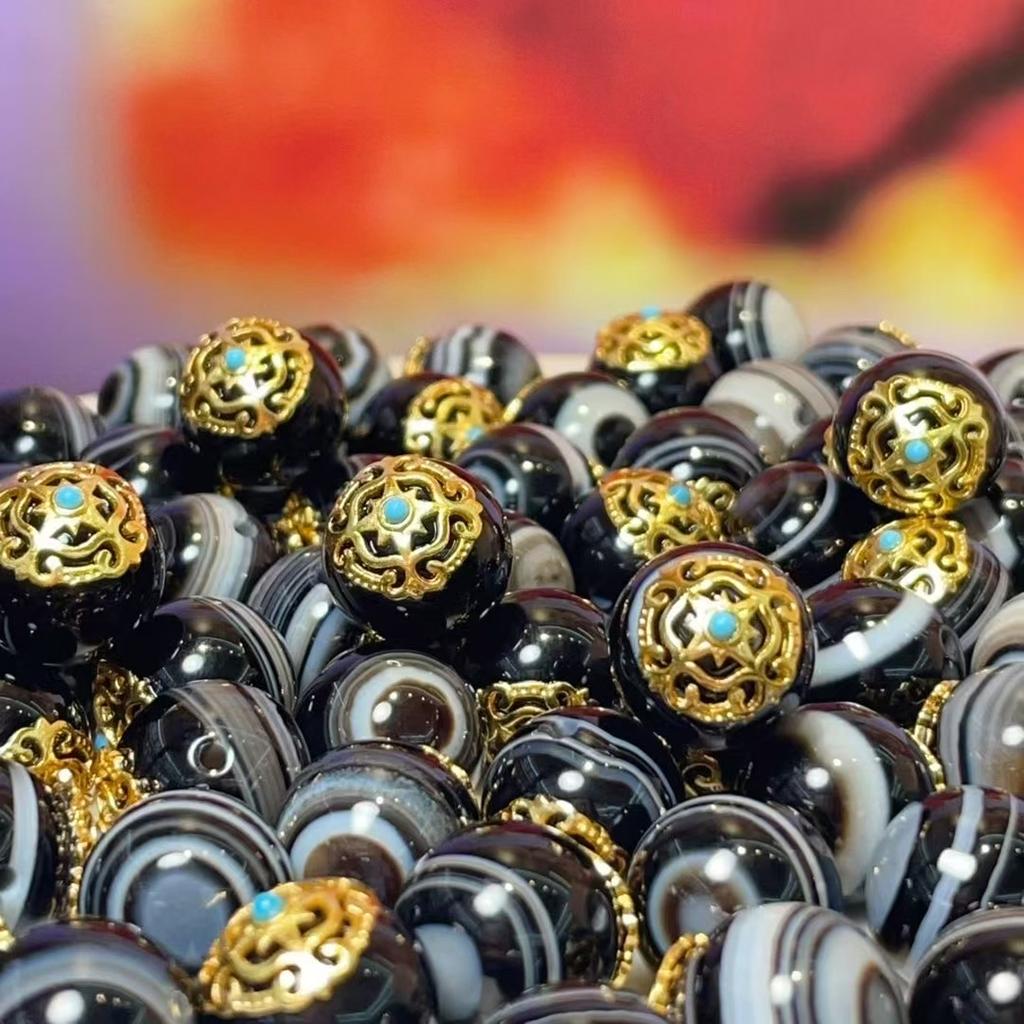 5Pcs, Tibetan Dzi Beads, Golden-Plated Carved Decor with Gemstone Inlay, Ethnic Style DIY Bracelet Necklace Jewelry Spacer, Loose Beads 12×14mm