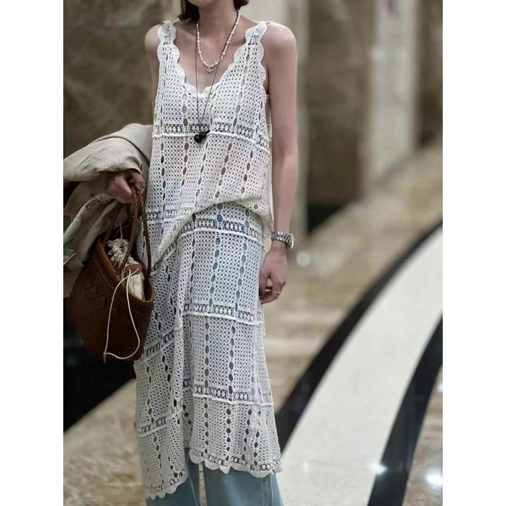 DIMANAF 2025 New Dress Women Knitting Beach Sleeveless Lace Long Hollow Out Sexy Vest O-Neck Hollow Summer Style Tops Tees Loose Basic Blue