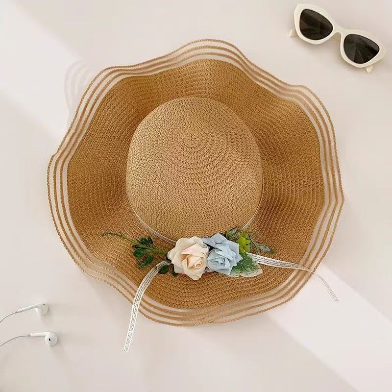 New bow lace straw hat women's summer seaside beach vacation sun hat large brim sun protection hat
