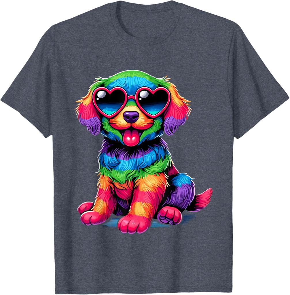 Rainbow Furry Dog With Heart Sunglasses Graphic Print Cotton T-Shirt Casual Trip Wear