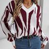 Herbst Winter Vintage Locker Langarm Oberteil Druck Farbe Strickjacke Strickware V-Ausschnitt Pullover