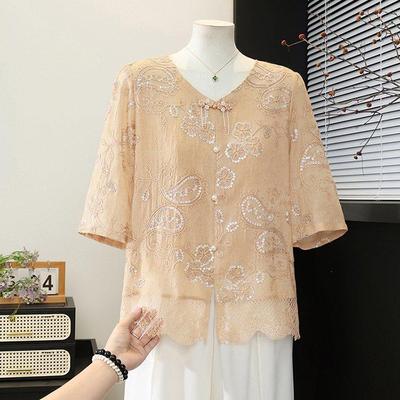 Elegant 2026 Summer Chiffon Blouse - New Chinese Style Short-Sleeved T-shirt for Middle-Aged & Elderly Women