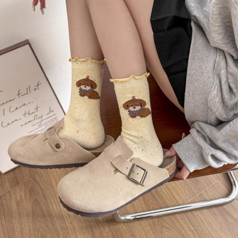 5 Pairs Autumn-Winter Cotton Mid-Tube Socks Ruffled Cartoon Design for Women