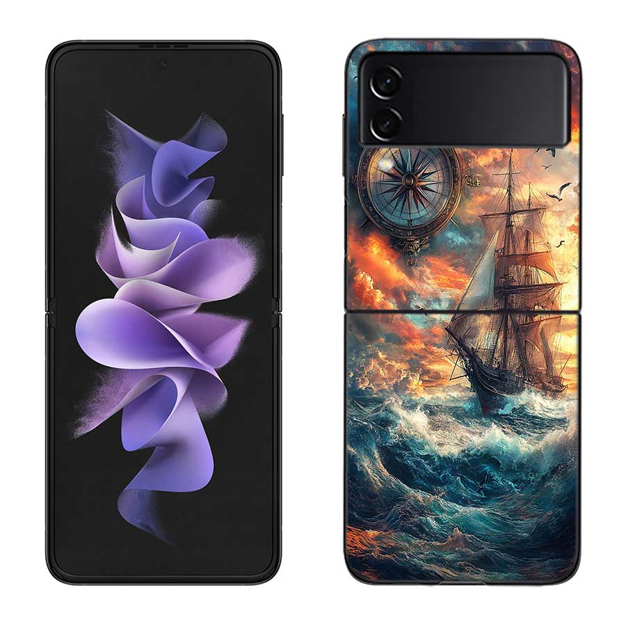 Compass Map Voyage Phone Case For Samsung Z Flip 7 6 5G Galaxy Z Flip 5 4 3 Black Hard Cell Cover Luxury PC Shell Coque