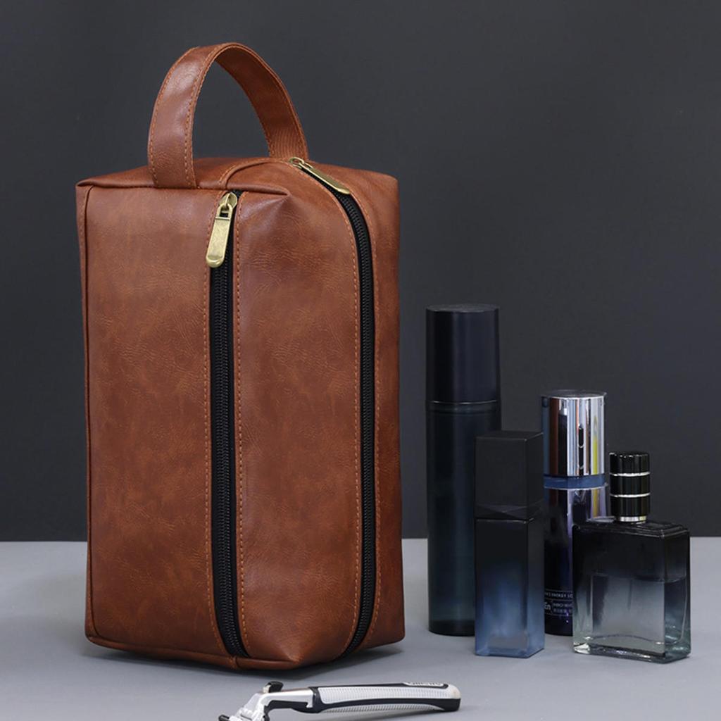 Men Leather Travel Business Shaving Cosmetic Pouch Strorage Bag Portable Toiletry Bag Large Capacity Organizer Handheld Toiletry Kits