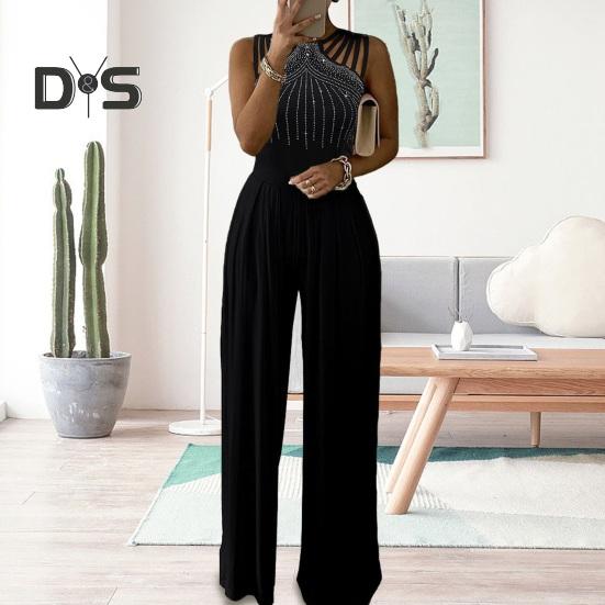 

Женский комбинезон для выпускного вечера без рукавов с широкими штанинами, ажурный декор со стразами, высокая талия, сплошной цвет, молния сзади, женский вечерние комбинезон M синий