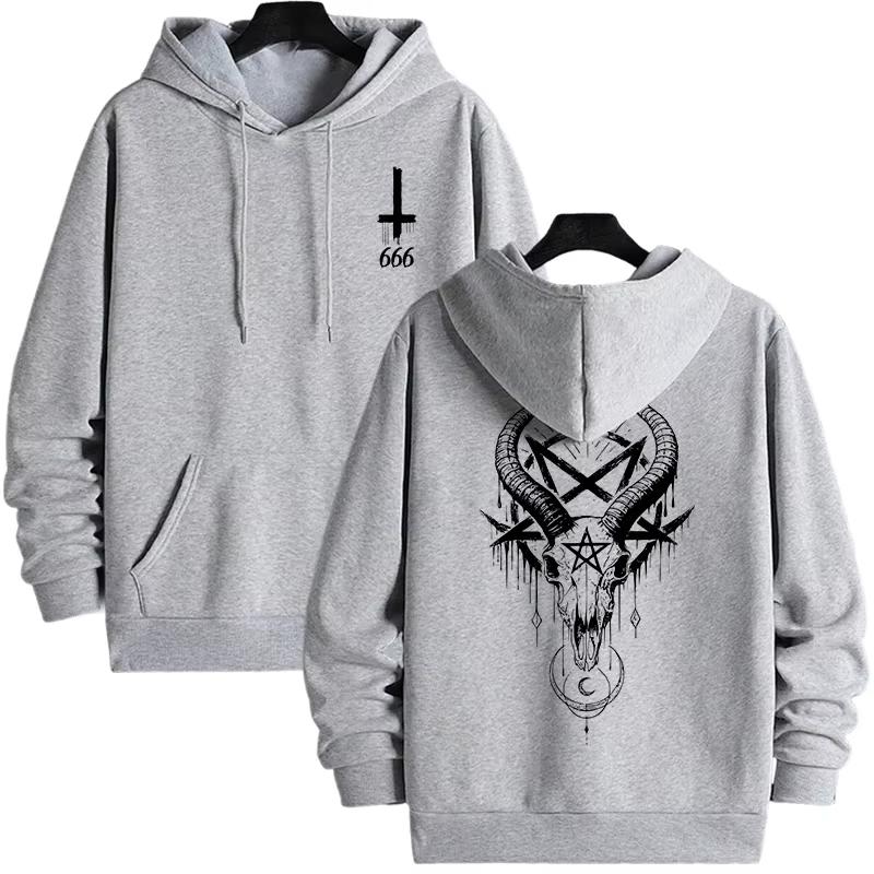 Men's Gothic Hoodies Demonic Horror Face Print Sweatshirt Streetwear Autumn Winter Male Top Casual Pullover 666 & Inverted Cross