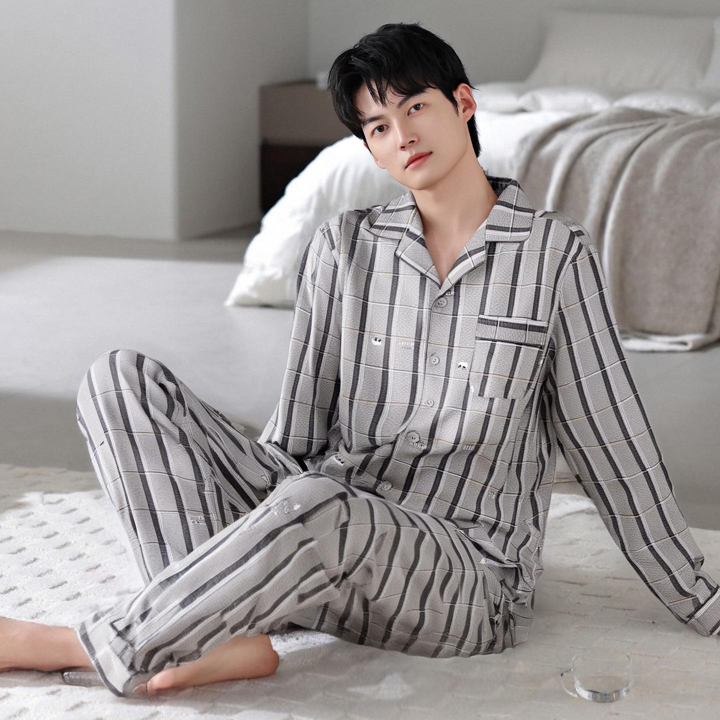 

Мужской полосатый хлопковый пижамный комплект - Коллекция весна/осень 2025, с длинным рукавом и брюками 3XL (Height 183-190 cm, Weight 170-190 kg)