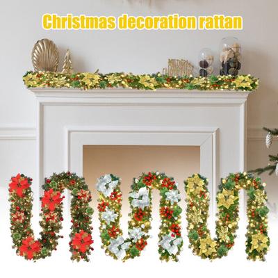 180CM Artificial Christmas Garland with Light Simulation Flower Holly Berry Red Balls Fake Rattan Mantle Fireplace Porch Indoor Outdoor Decoration