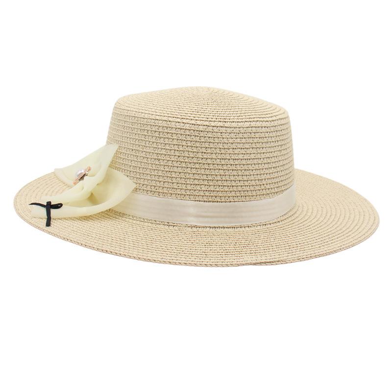 Flat Top Straw Hat Sun Hat Bow Big Eaves Straw Woven Bucket Hat Basin Hat Pearl Bucket Hat Mother Hat