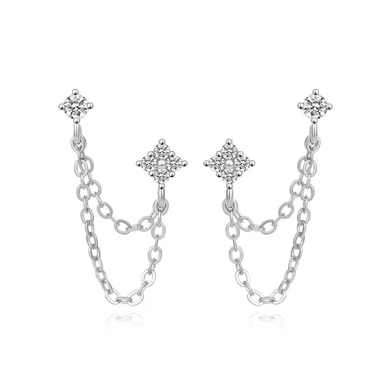 Arrival Double Ear Studs Tassel Chains Hanging Earrings for Women Ear Piercing 3 Metal CZ Jewelry