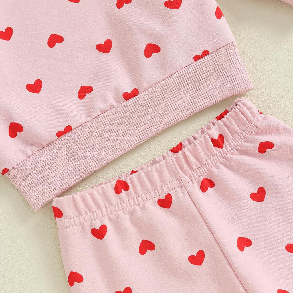 Baby Girls 2-piece Outfit, Heart Print Long Sleeve Crew Neck Sweatshirt with Elastic Waist Sweatpants Fall Clothes