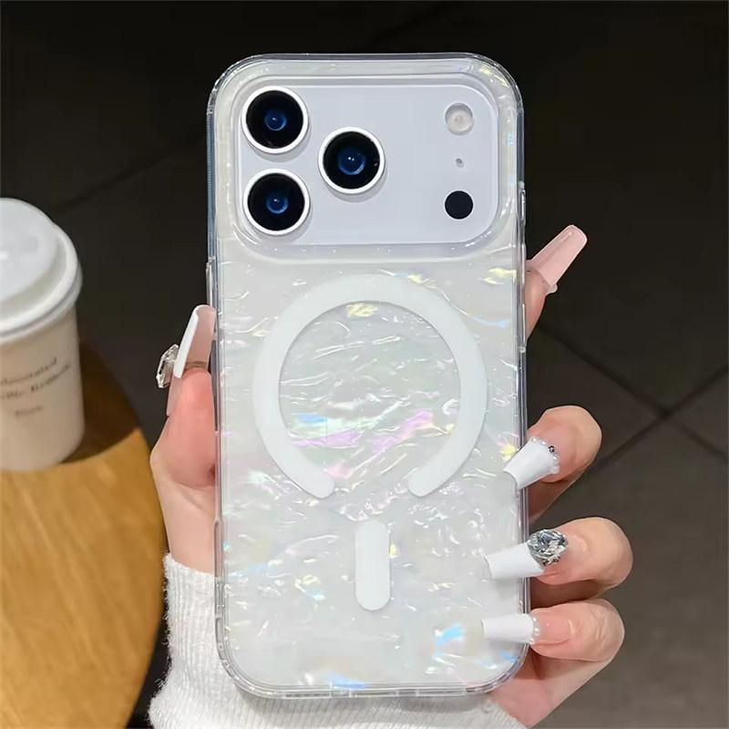 

Glitter Shell Texture Magnetic Soft PC Case For Magsafe iPhone 17 16 15 14 13 12 Pro Max Plus 11 Wireless Charging Phone Back Cover iPhone 11 білий
