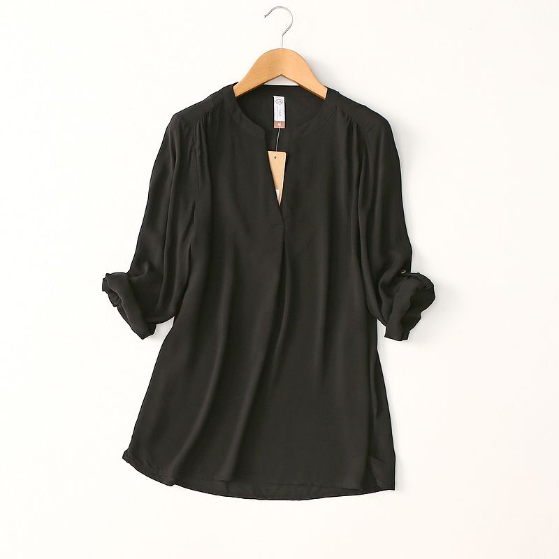 Export Single Minimalist Pure Color Cotton Silk Shirt Women's Summer Ultra-Thin Artificial Cotton Rollable Sleeves V Neck Tops Loose Cool