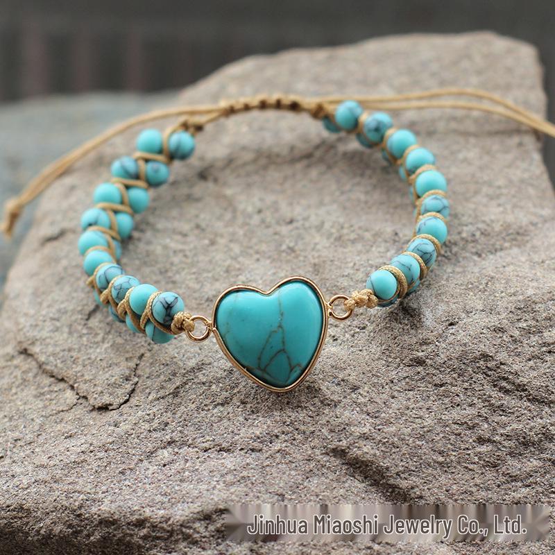 Bohemian Red Heart-Shaped Redwood Stone Double-Layer Woven Women's Bracelet