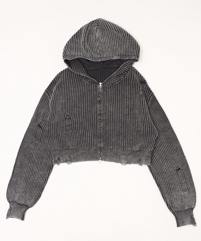 WEGO Distressed Knit Zip Size Sumikuro Women's Hoodie, Casual, Girly, Fall/Winter Outfit, F,