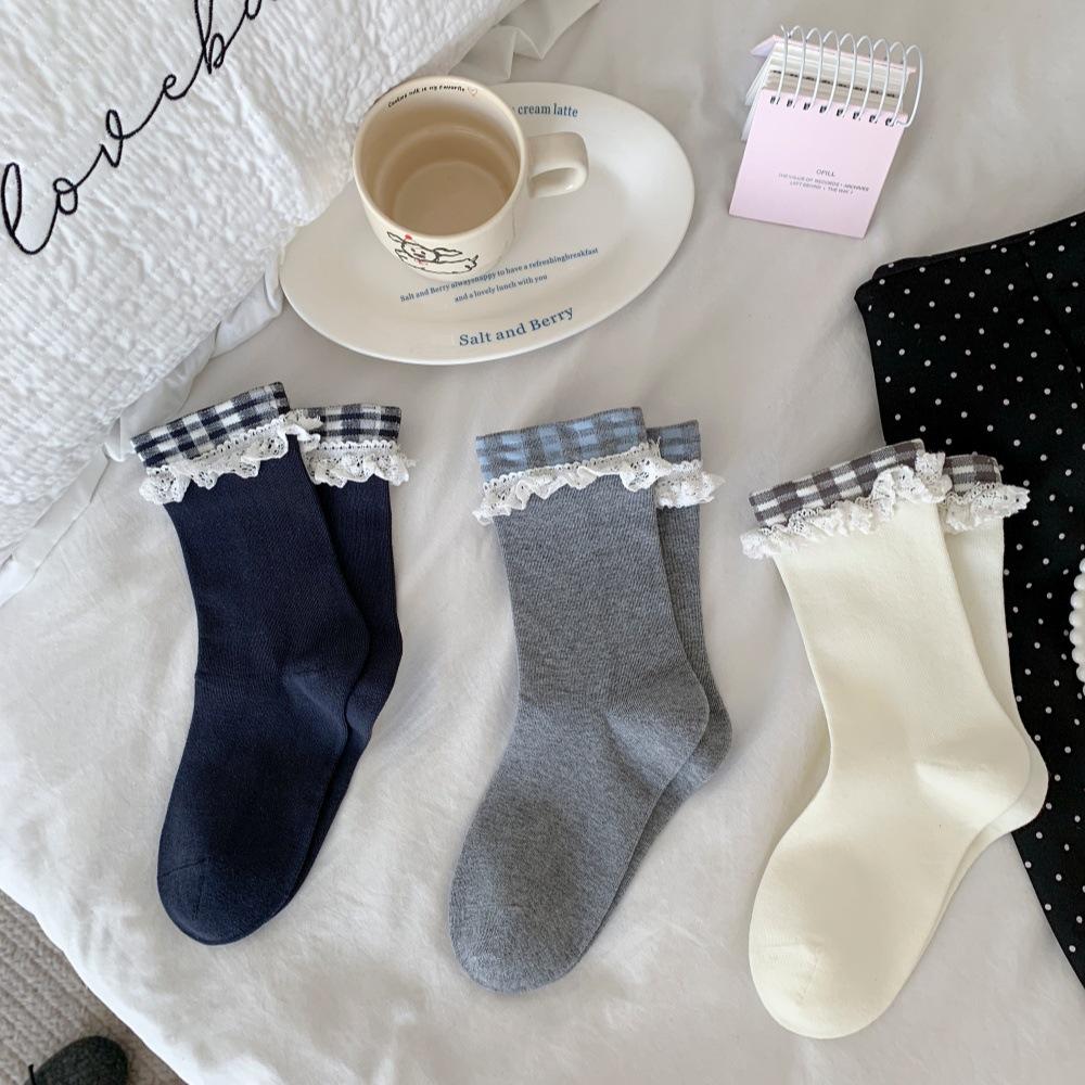 Retro Checkered, Stylish and Trendy Boneless Mid-calf Socks, Checkered Lace Fringed Pile Socks, Lace Socks for Women