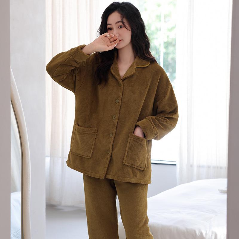 Coral Fleece Pajamas Women'S Autumn And Winter Fleece Thickened Flannel Furry Warm Loungewear Set
