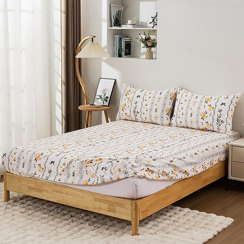 3Piece Green Leaf Orange Flower With Bed Linen Elastic Design Mattress Protective Cover 1Fitted Linen 2Pillowcases Flower Patterns