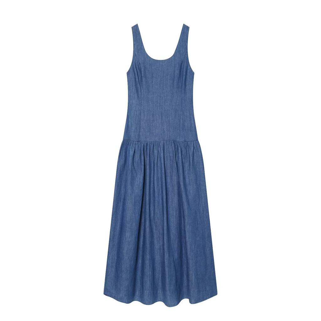 Summer New French Splicing Sleeveless Suspender Slim Denim Dress
