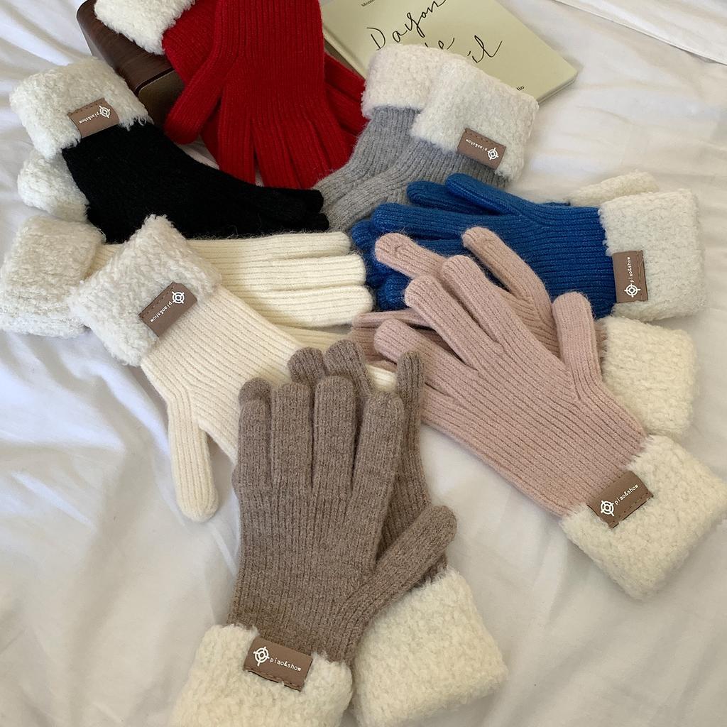 Klebrige Jiji Wärme und Verdickte Einfarbige Winterwollhandschuhe Student Finger Niedlich Koreanisch Neu Einfach Frauen