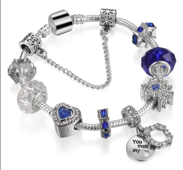 Μόδα αντίκες ασημένια επιμεταλλωμένα Pa βραχιόλια & βραχιόλια Crystal Heart Charm Beads βραχιόλι για γυναίκες Diy πρωτότυπο δώρο κοσμημάτων